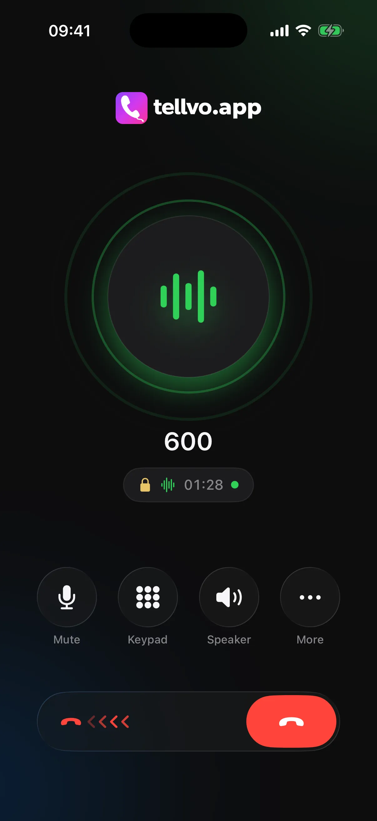 Tellvo.app call screen with an encrypted HD call