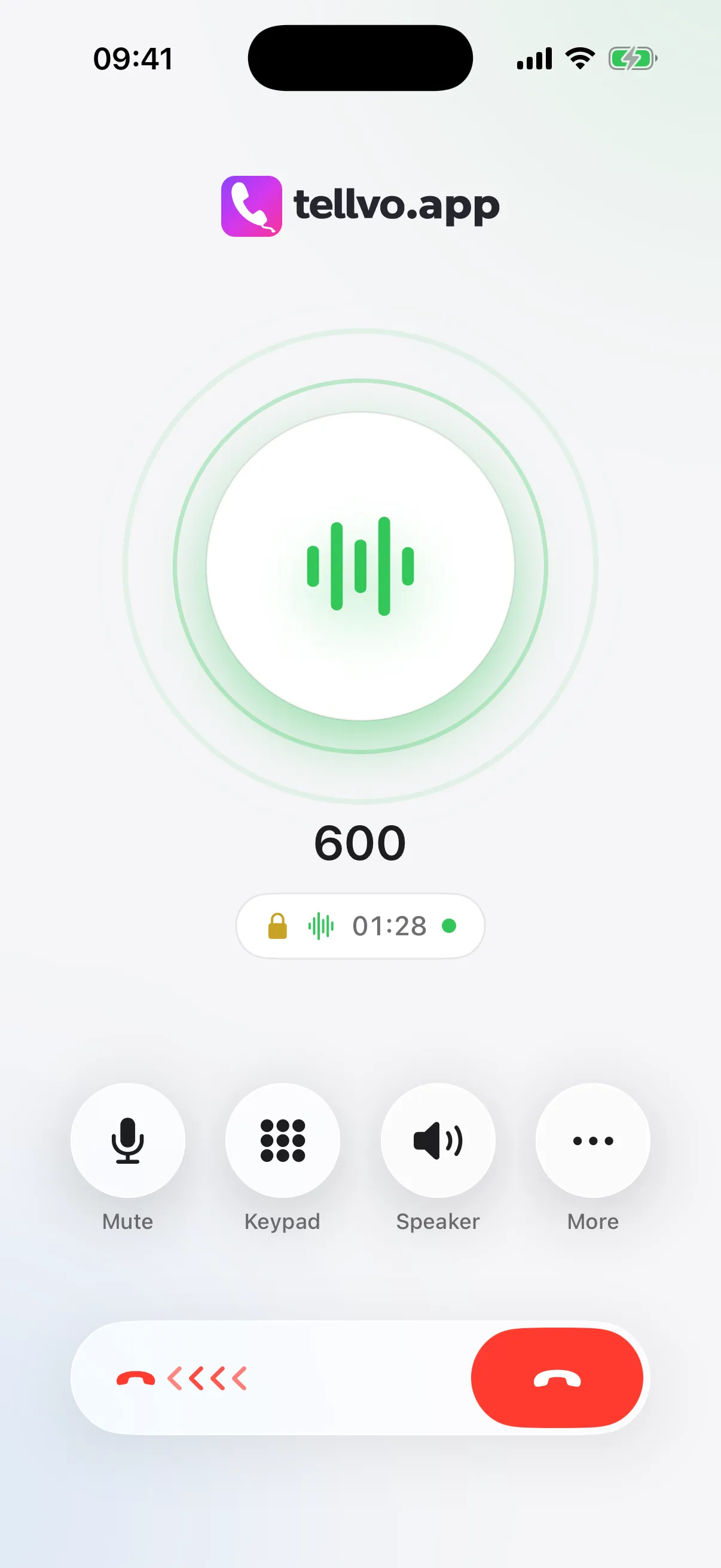 Tellvo.app call screen with an encrypted HD call
