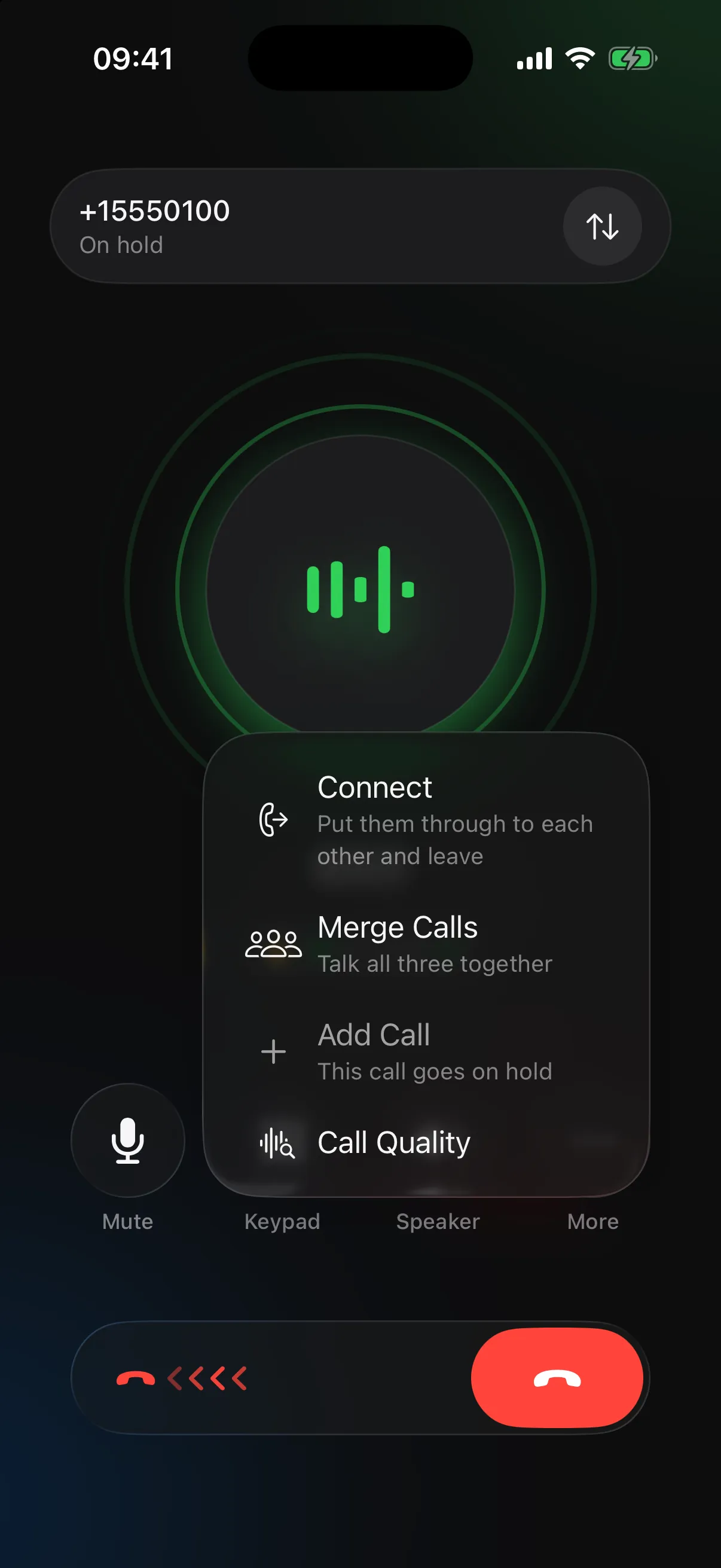 Tellvo.app during two calls with the More menu open: Connect, Merge Calls, Add Call, Call Quality