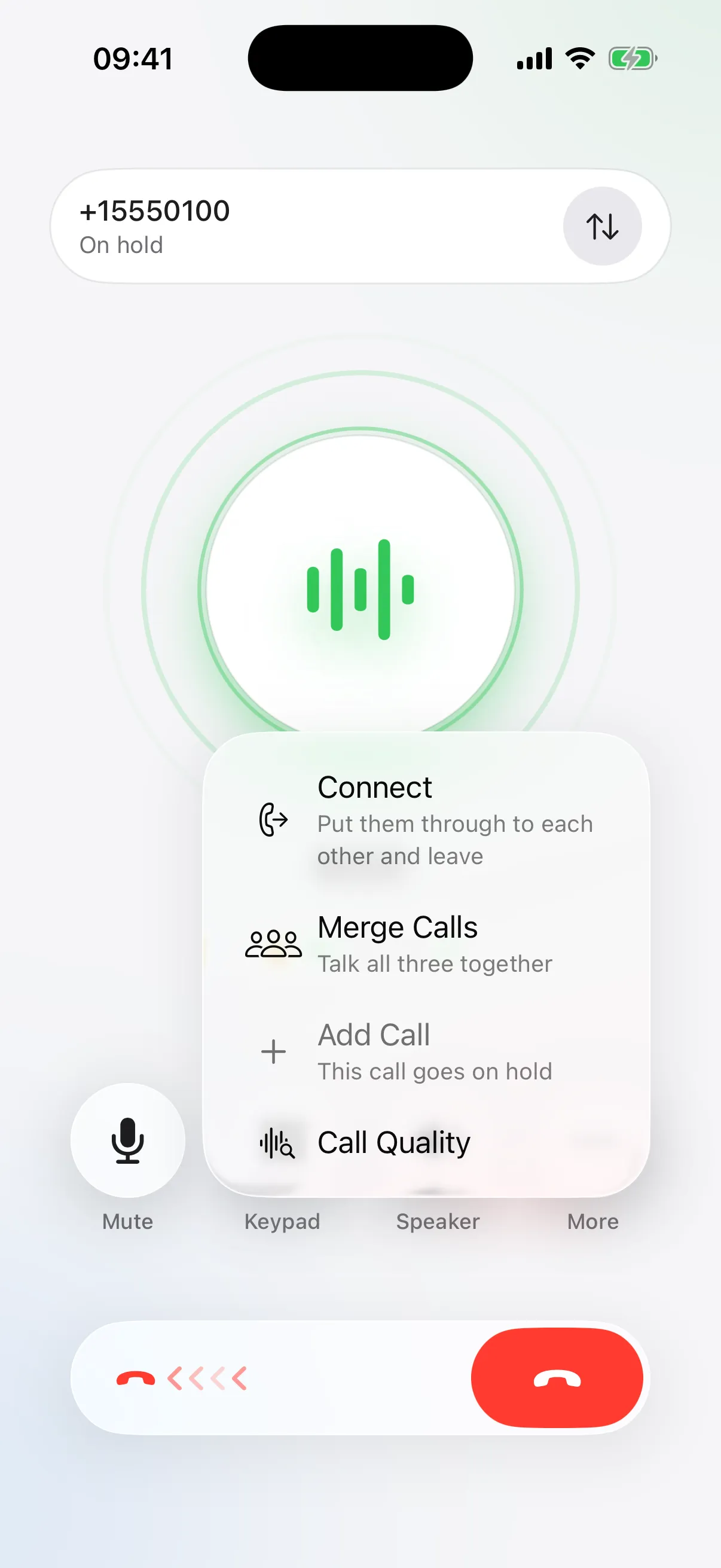 Tellvo.app during two calls with the More menu open: Connect, Merge Calls, Add Call, Call Quality