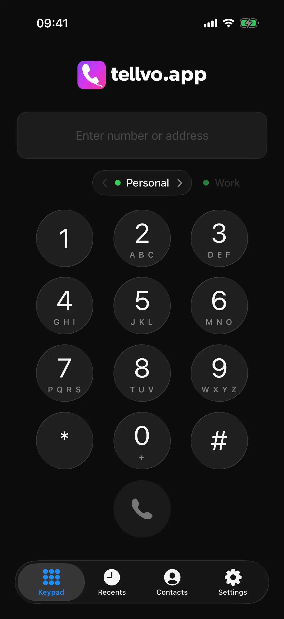 Tellvo.app keypad with Personal and Work lines, both online