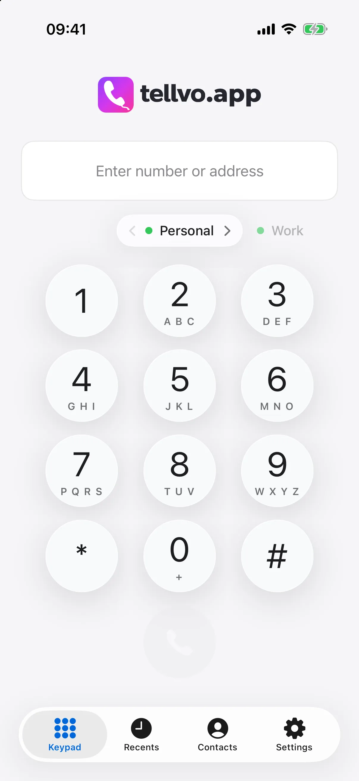 Tellvo.app keypad with Personal and Work lines, both online